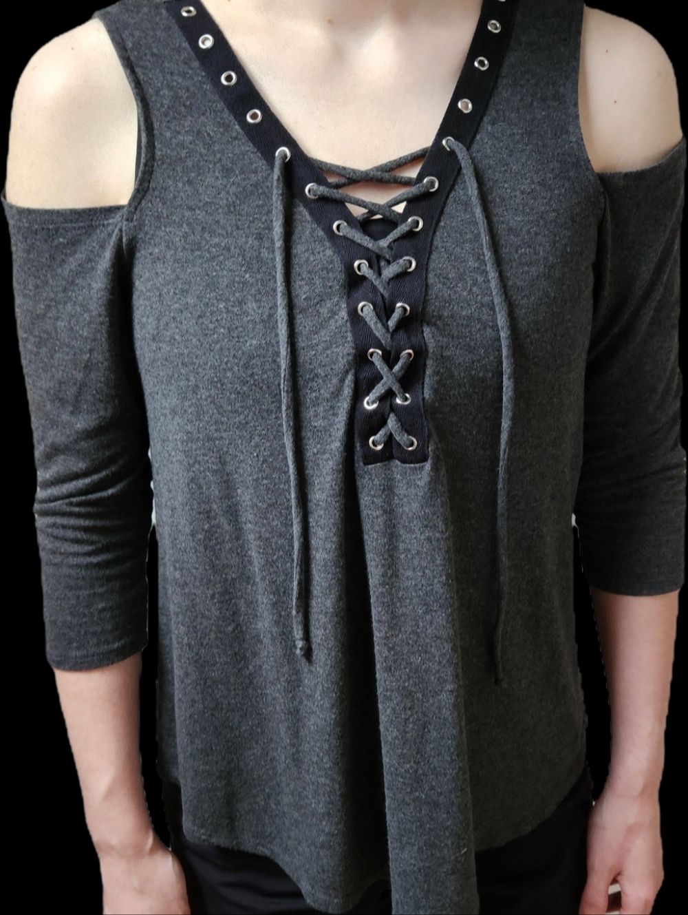 Iz Byer Charcoal Gray Knit Top with Logo Detail
